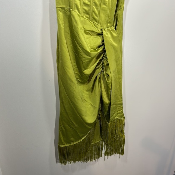 PrettyLittle Thing Olive Satin Bardot Tassel Hem Draped Midi Dress Satin Formal - Picture 6 of 16